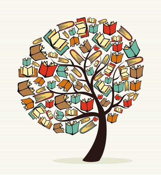 Obrazek z grafiką, na którym znajduje się drzewo z liśćmi w formie książek.